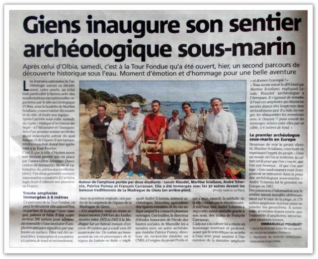 Article Var Matin Inauguration sentier archeologique sous-marin Tour Fondue